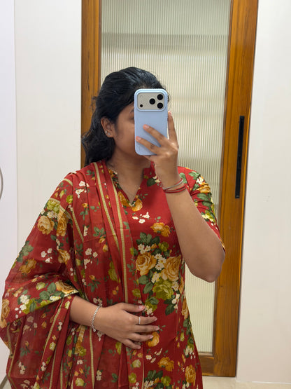 Red floral Jaipur cotton 3 piece set