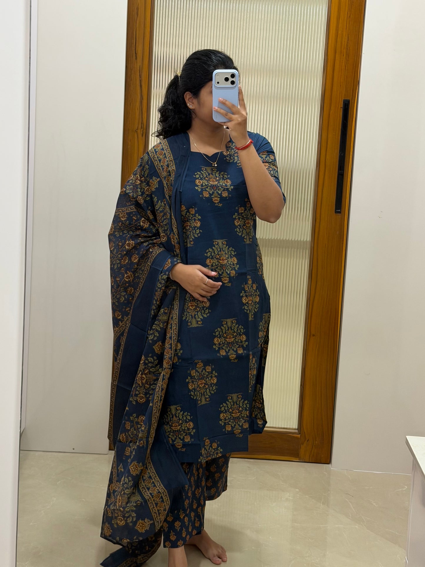 Navy blue floral Jaipur cotton 3 piece set