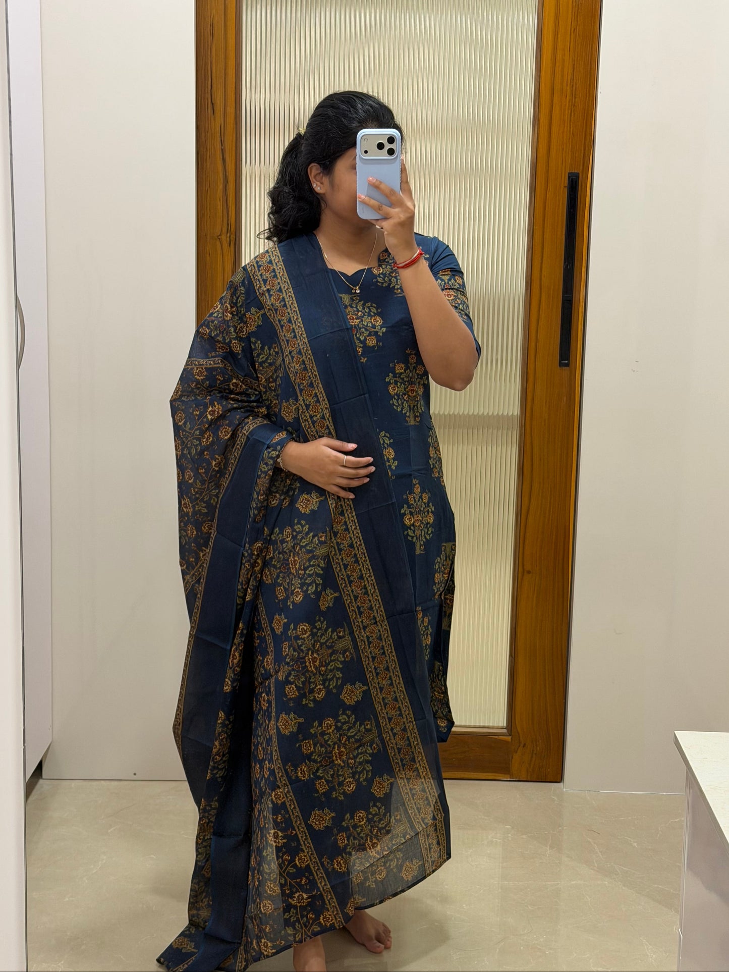 Navy blue floral Jaipur cotton 3 piece set
