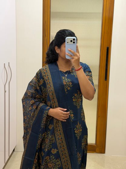 Navy blue floral Jaipur cotton 3 piece set