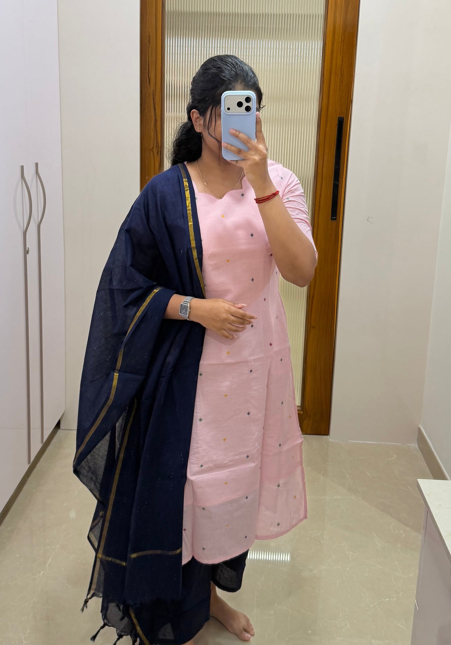 Pink and dark navy handloom 3 piece set