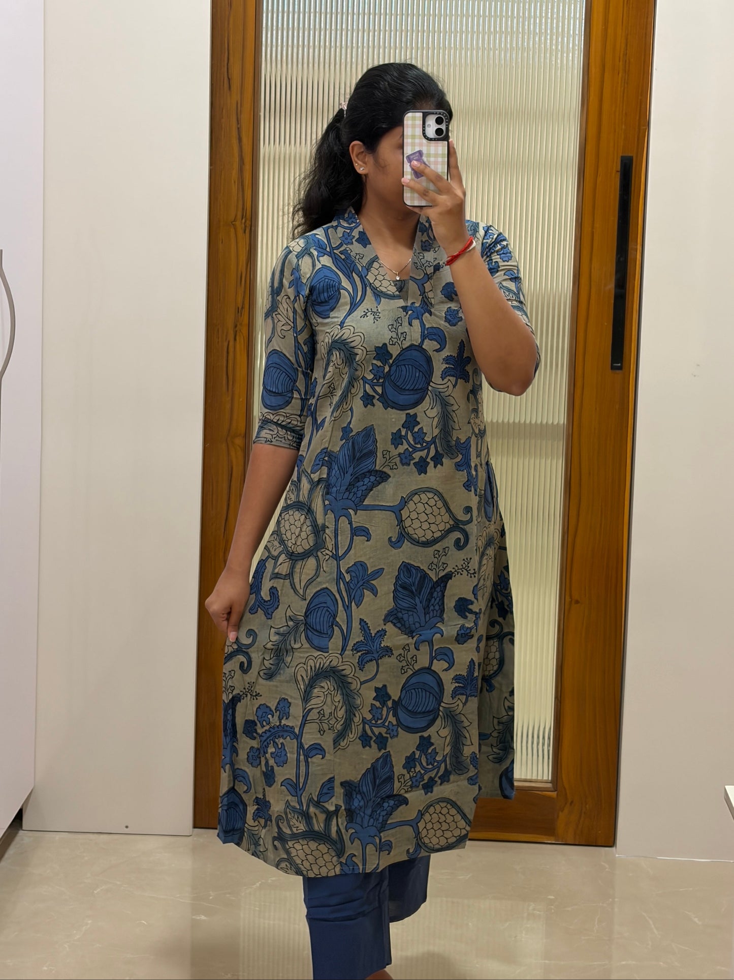 Grey and blue kalamkari A-Line coord set