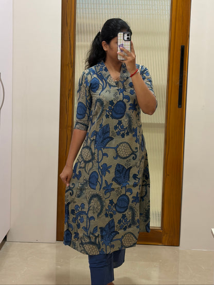 Grey and blue kalamkari A-Line coord set
