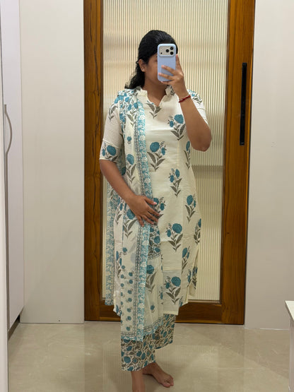 Light blue and white floral Jaipur cotton 3 piece set