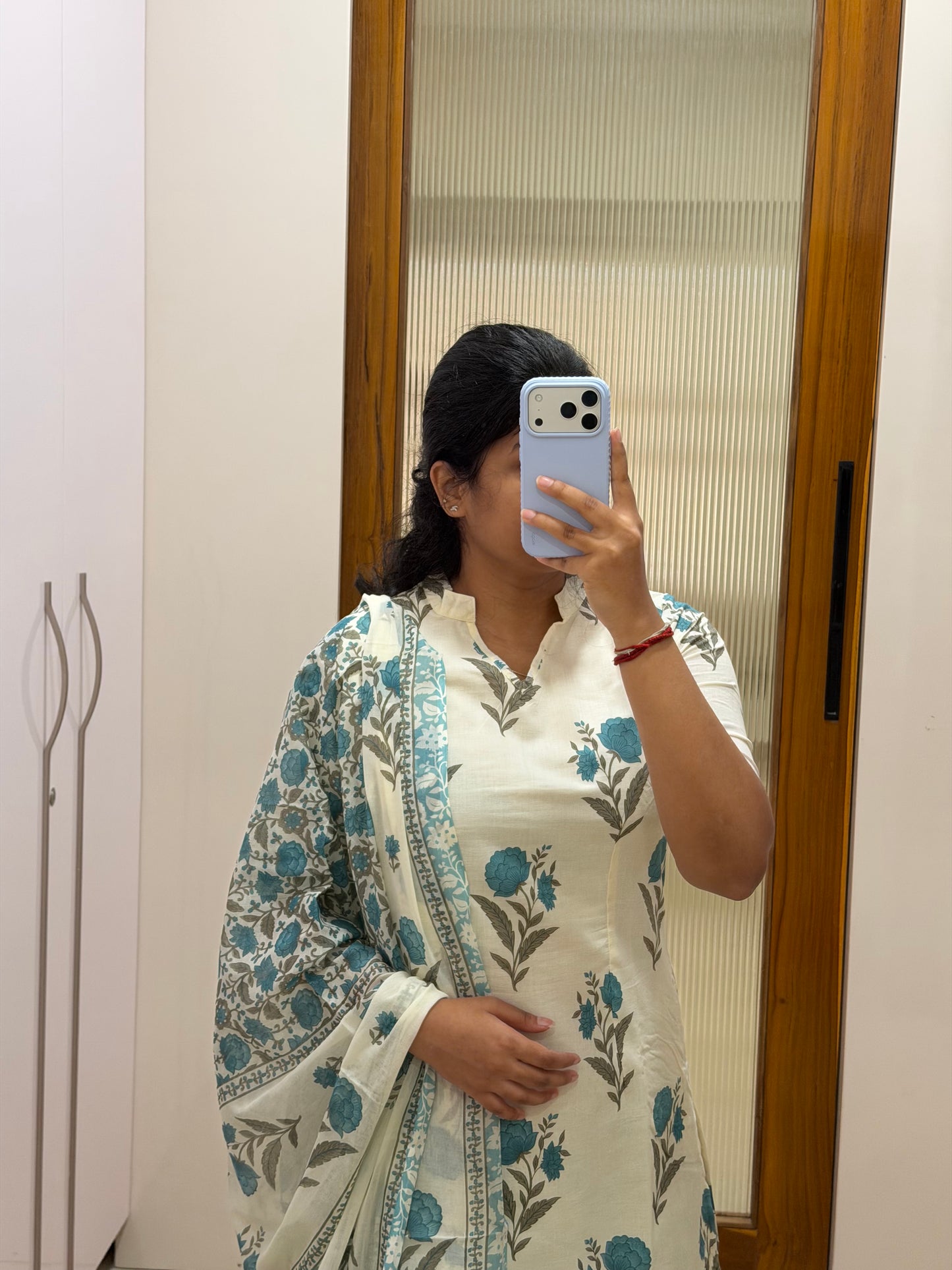 Light blue and white floral Jaipur cotton 3 piece set