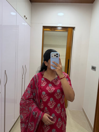 Red floral jaipur cotton 3 piece set