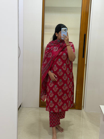 Red floral jaipur cotton 3 piece set