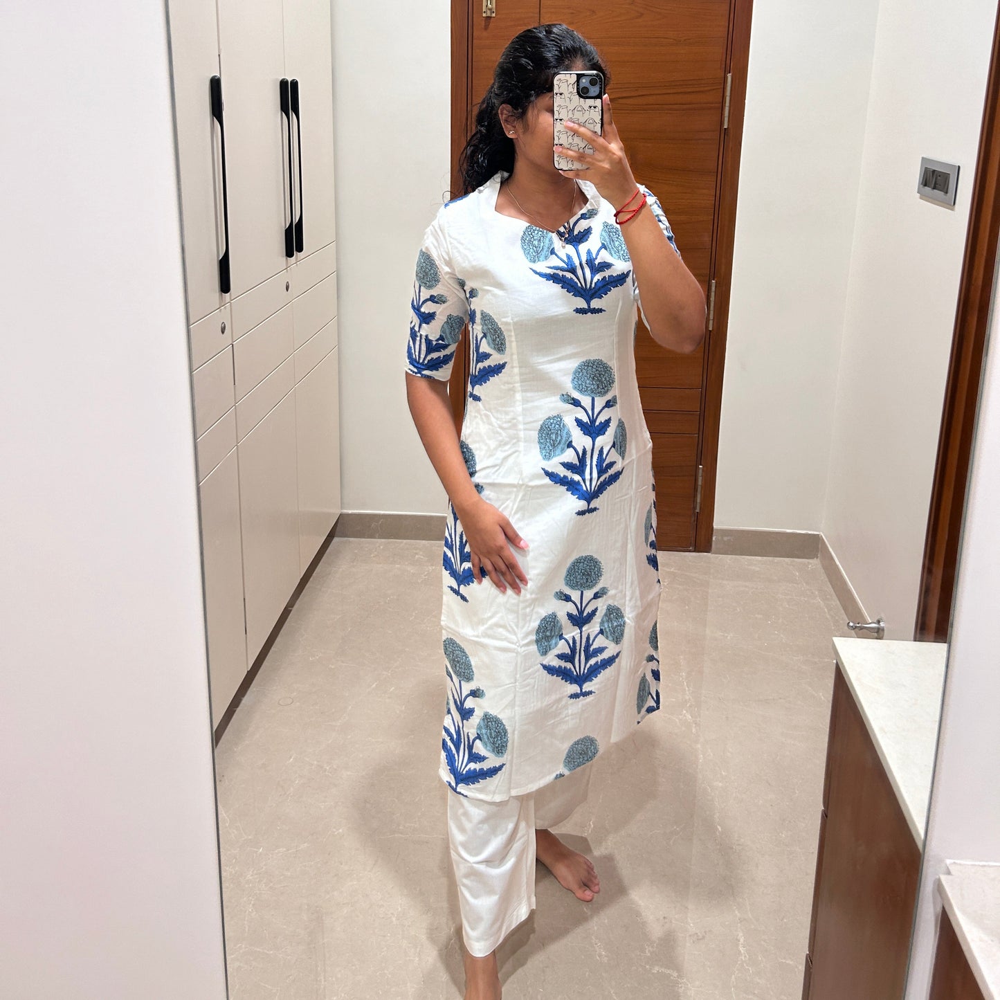 White and blue floral motif coord set