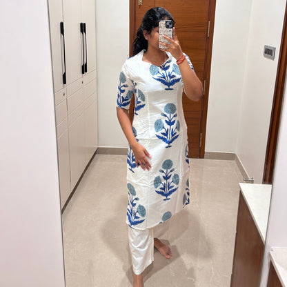 White and blue floral motif coord set