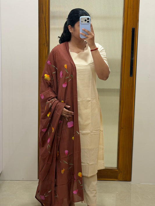 Beige and coffee brown hand painted cotton 3 piece set