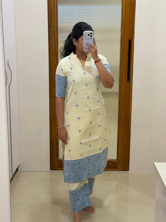 Off white and blue handloom coord set