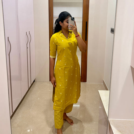 Yellow polka dots handloom Coord set